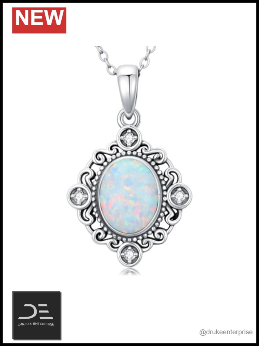 Oval Opal Diamond Pendant Necklace 925 Sterling Silver Dainty White Opal